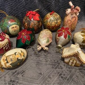 Vintage Holiday Ornament Set with Red and Green Accents. (Lot of 11)